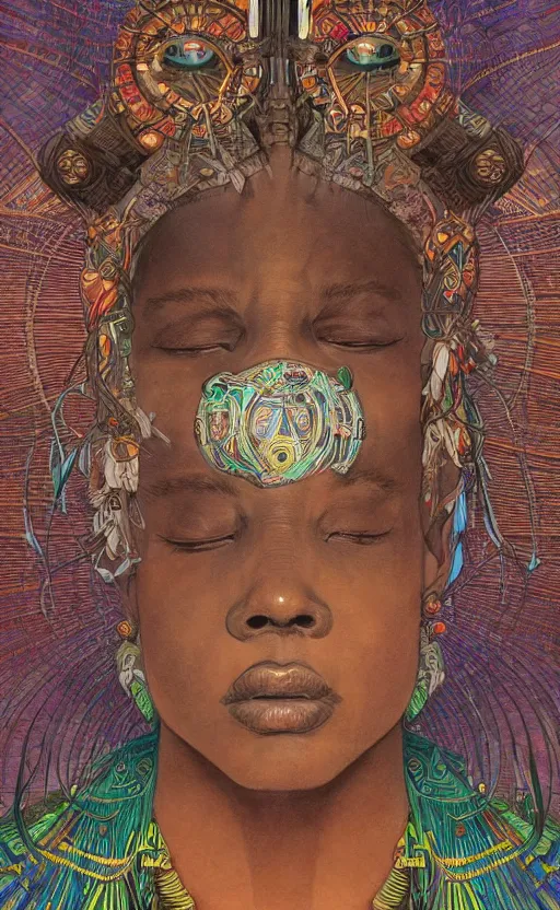 Prompt: upper half portrait of retro futuristic african tribal chief - embellished with vegetation and iridescent crystals, art by cheng, hsiao - ron & alphonso mucha, colouring by zdzisaw beksinski, highly detailed, digital painting, airbrush, concept art, illustration, smooth sharp focus, intricate, symmetry, artstation, colourful,