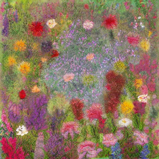 Prompt: mild by peter sculthorpe. this installation art is a large canvas, covered in a wash of color. in the center is a cluster of flowers, their petals curling & twisting in on themselves. the effect is ethereal & dreamlike, & the overall effect is one of serenity & peace.