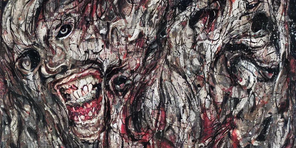 Image similar to camo made of teeth, smiling, abstract, francis bacon artwork, cryptic, dots, stipple, lines, splotch, color tearing, pitch bending, faceless people, dark, ominious, eerie, minimal, points, technical, old painting