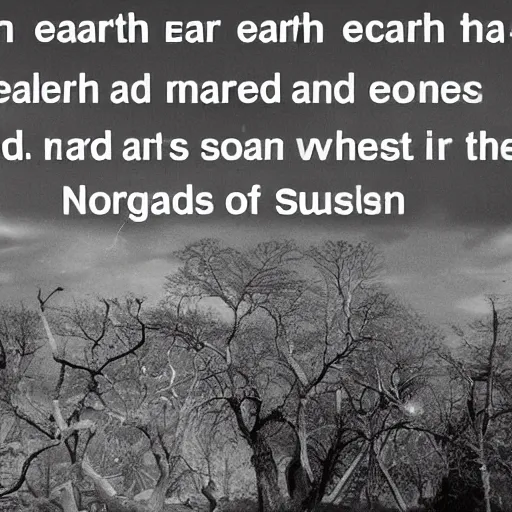 Prompt: can earth be earth when all its trees are gone, and sudsy waters have become unfit, and poisoned life no longer greets the dawn with raucous sounds that death has caused to quit?