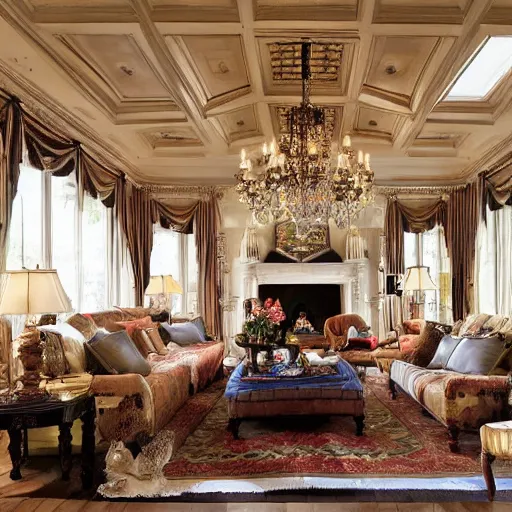 Image similar to photorealistic traditional living room maximalist furnitrue big ceiling