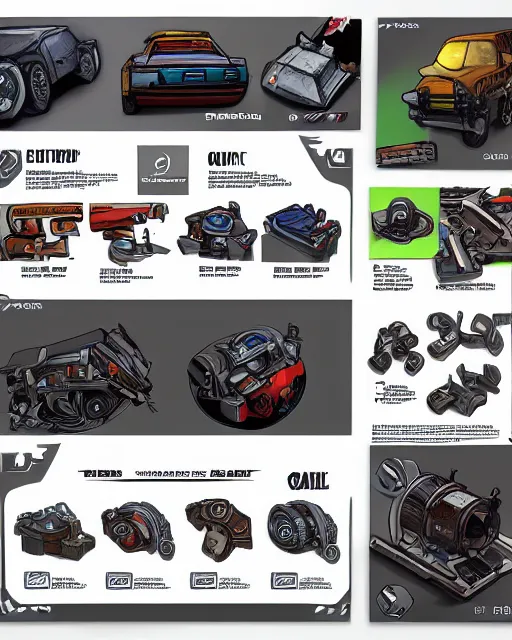 Image similar to car engine car parts concept art, cards, comic page, realistic fortnite, ui cards