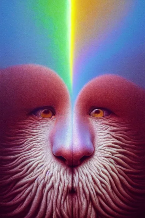 Prompt: hyperrealistic close-up Renaissance psychedelic!! god happy fluffy kind! creature!! peaceful! kind spirit of nature highly detailed concept art eric zener elson peter cinematic hard rainbow lighting high angle hd 8k sharp shallow depth of field, inspired by Zdzisław Beksiński