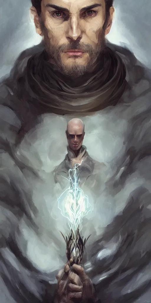 Image similar to a professional full portrait painting of a handsome young wizard olive skin, buzzed short dark hair, beautiful bone structure, symmetrical facial features, casting an evil spell, a floating glowing spellbook, , intricate, elegant, digital painting, concept art, smooth, sharp focus, illustration, from Metal Gear, by Ruan Jia and Mandy Jurgens and Artgerm and William-Adolphe Bouguereau