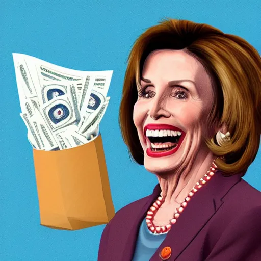 Prompt: nancy pelosi laughing while holding a giant bag filled with money, trending on artstation, detailed illustration