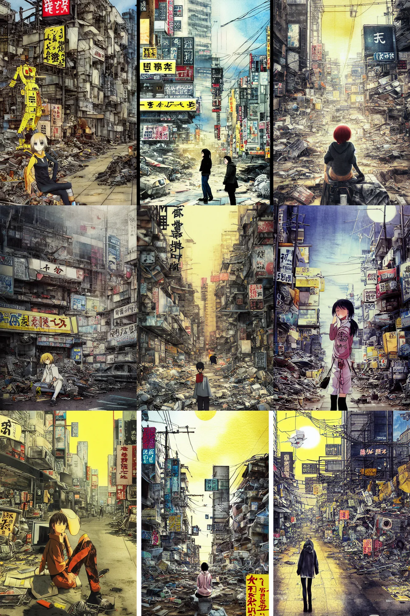 Prompt: title kanji, anime, tatsuyuki tanaka movie poster, pale yellow sky, crosswalk, shinjuku, koji morimoto, masamune shirow, watercolor, junk yard, foggy, colossal robot, bright sun bleached ground, paper texture, distant shot of hoody girl sitting in deserted dusty shinjuku junk town, old pawn shop, tangled overhead wires, telephone pole, dusty, dry, 4k, dynamic camera angle, deep 3 point perspective, fish eye, dynamic scene