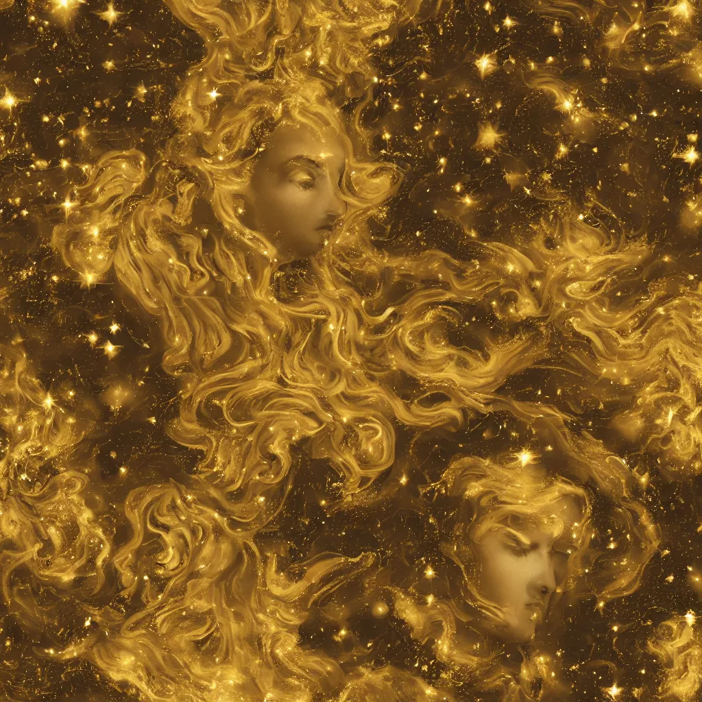 Image similar to baroque woman marble and gold in space, stars, clouds