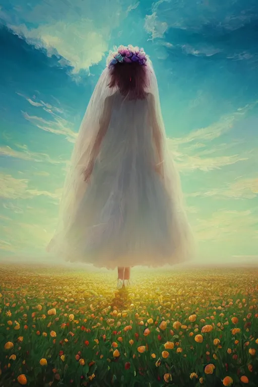 Image similar to giant white flower head, veil girl walking in a flower field, surreal photography, sunrise, dramatic light, impressionist painting, colorful clouds, digital painting, artstation, simon stalenhag