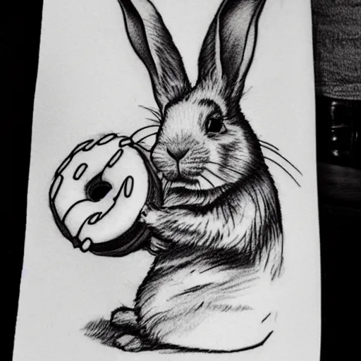 Prompt: a tattoo sketch of a rabbit eating a donut