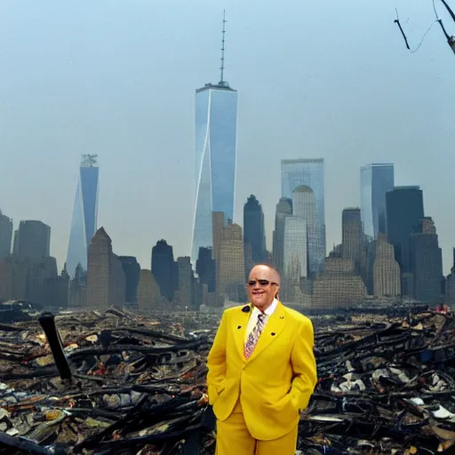 Image similar to an extreme wide shot of a very drunk evil Rudy Giuliani standing smiling wearing a yellow speedo on top of the world trade center rubble pile in new york