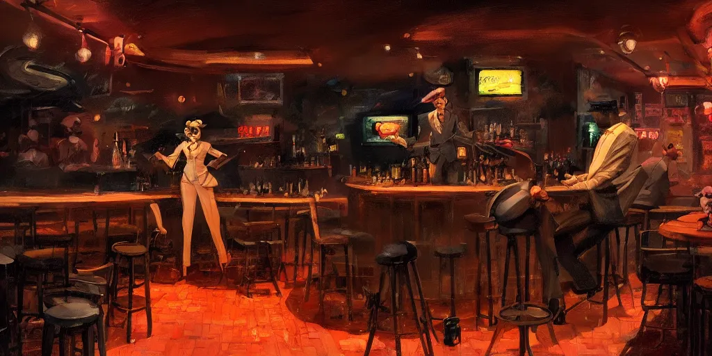 Image similar to a biped lady rat is working at the bar of a 4 0 s jazz club, warm color palette, night time, dramatic lighting, noir film, character sheet, fine details, high contrast, blacksad, kim jung gi, greg rutkowski, trending on artstation, 8 k, front view, back view, ultra wide angle