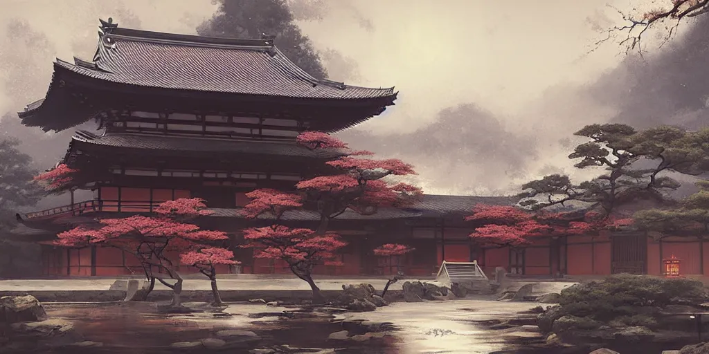 Prompt: japanese temple, a fantasy digital painting by greg rutkowski