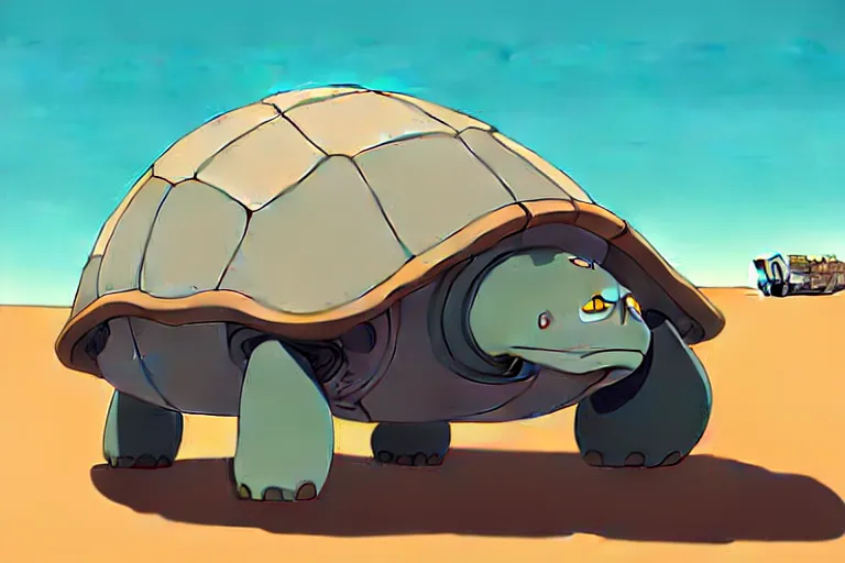 Image similar to a study of cell shaded cartoon of a grey mechanized tortoise from howl's moving castle ( 2 0 0 4 ) on a desert road, full body, wide shot, very muted colors, post grunge, studio ghibli, laurie greasley, highly detailed, deviantart, art by artgem