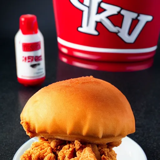 Image similar to a fried chicken milkshake with the kfc logo, next to a shrimp wearing a little red dress on a plate, food photography, studio lighting, hyper realistic, sharp focus, hyper - realistic, 8 k resolution