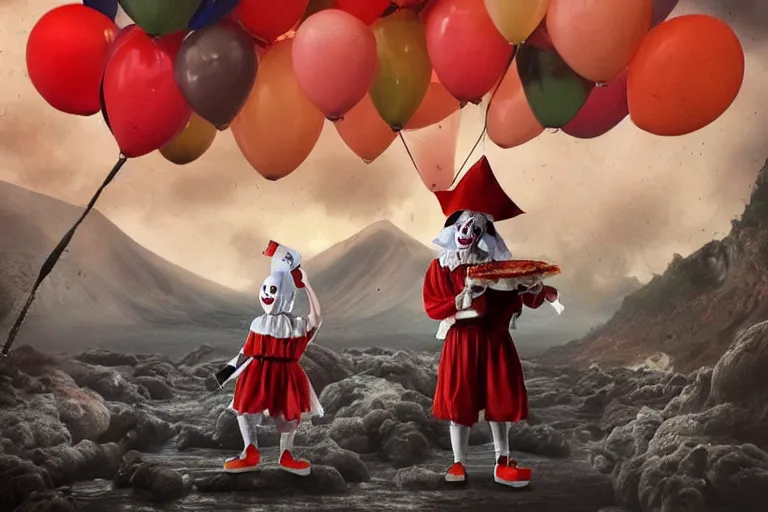Image similar to pennywise as pulcinella!!! holding a pizza!!, volcano in the background, glowing rivers of lava, dark cloudy sky, an ultrafine detailed painting by joe fenton, full body, wide angle, post - apocalyptic vibe, pop surrealism, sharp focus, 3 d octane render, 4 k, perfect symmetrical face, masterpiece, hyperrealistic, trending on deviantart