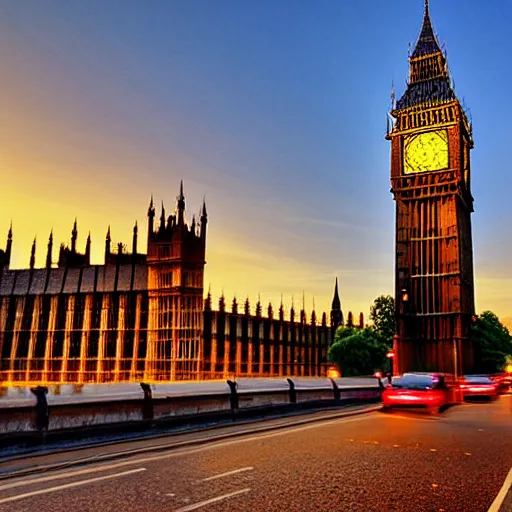 Image similar to looking onto the big ben from across the themse, London, wideangle, sunset, lenseflare