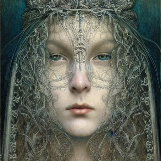 Prompt: detailed realistic beautiful young medieval queen face portrait by jean delville, brooke shaden, gustave dore and marco mazzoni, art nouveau, symbolist, visionary, gothic, pre - raphaelite