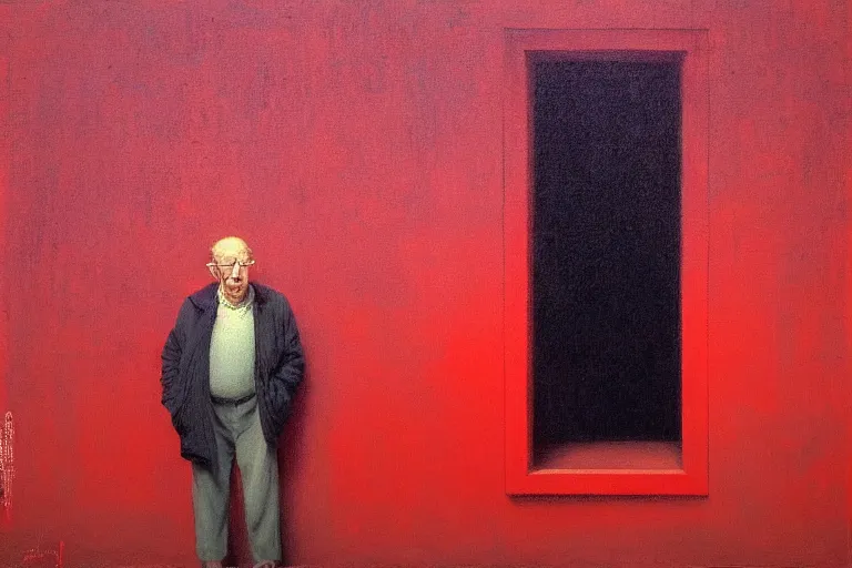 Image similar to only with red, a red old man try to sell a portrait, in a square, cheering crowd, in the style of beksinski, parts by edward hopper, parts by rodcenko, parts by yue minjun, intricate and epic composition, red by caravaggio, insanely quality, highly detailed, masterpiece, red light, artstation, 4 k