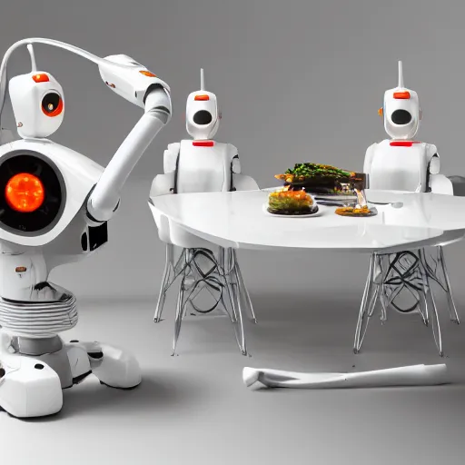 Image similar to three large white glossy kuka industrial robot arms on the floor around a dinner table full of food, the kuka industrial robot arms are wearing bow ties, they are having a dinner party inside a posh fine dining restaurant with retro modern furniture and decor, global illumination, artstation, fantasy, volumetric light