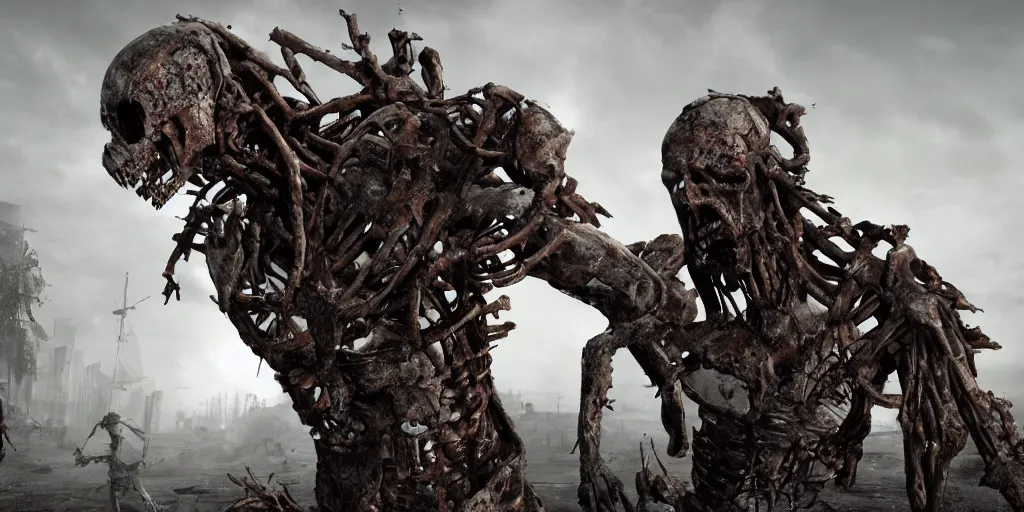 Prompt: humanoid metal endoskeletons partially covered in flesh, fighting undead zombies, post apocalyptic, scorched earth, detailed, unreal engine, realistic, detailed, sweat, dramatic lighting, cinematic