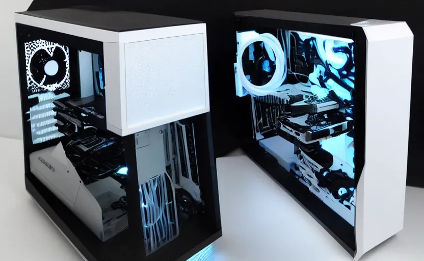 Image similar to futuristic gaming pc with white lighting and a white case, hd photograph, highly detailed, intricate