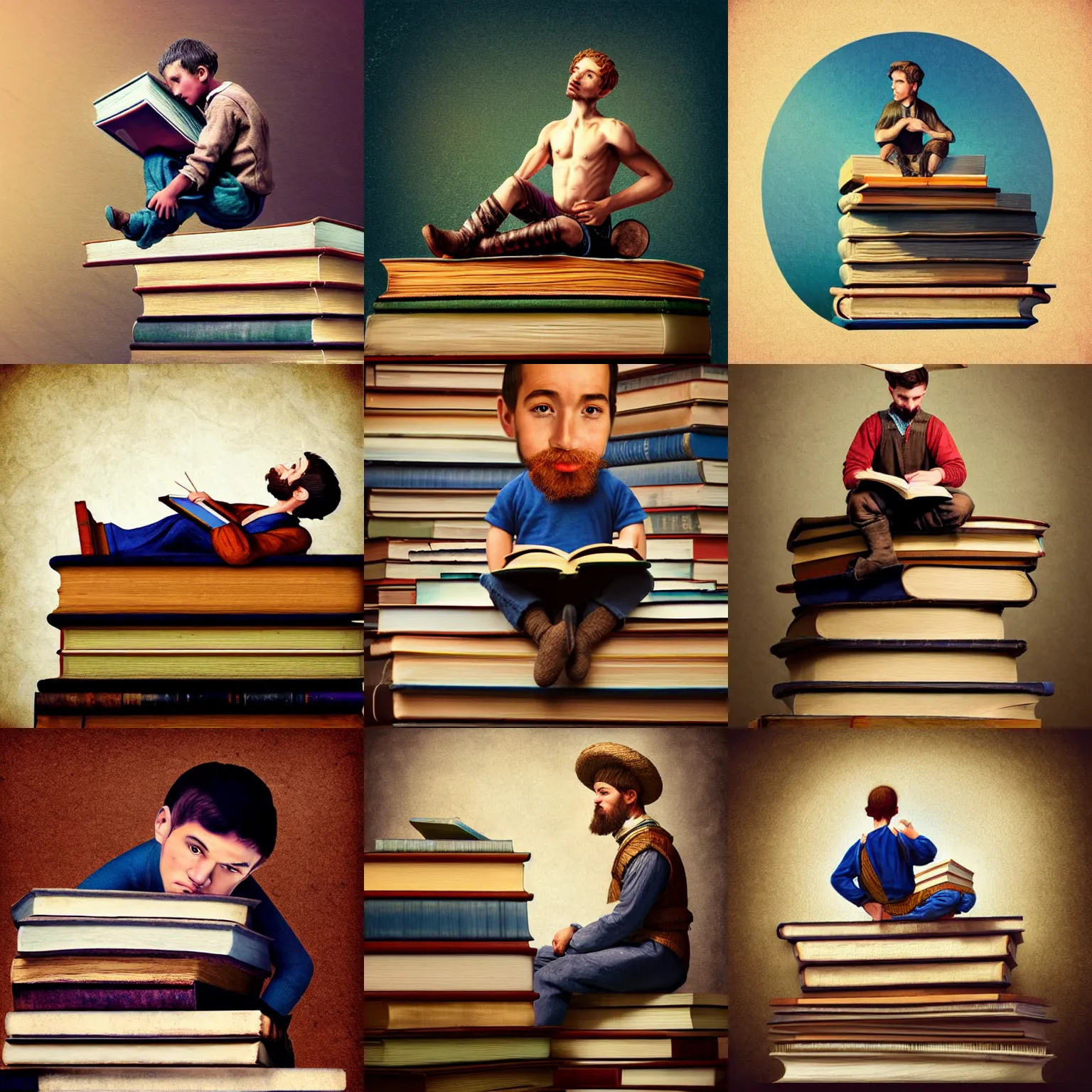 Prompt: digital painting of a miniature male peasant sitting on top of a stack of huge books, a stock photo by oleg oprisco, cg society contest winner, academic art, extreme long shot, sigma 1 0 5 mm f 2., stockphoto, storybook illustration, artwork by wlop, artgerm