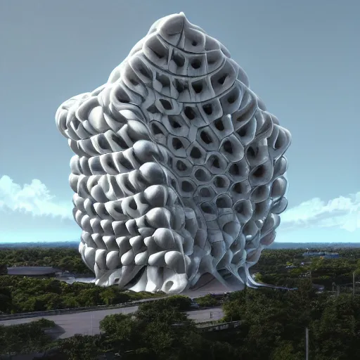 Prompt: giant parametric building that is white, horizontal, fluid form, complex | cinematic, hyper realistic, crazy detail, smoke geometry, artstation, hyper realistic, super detail