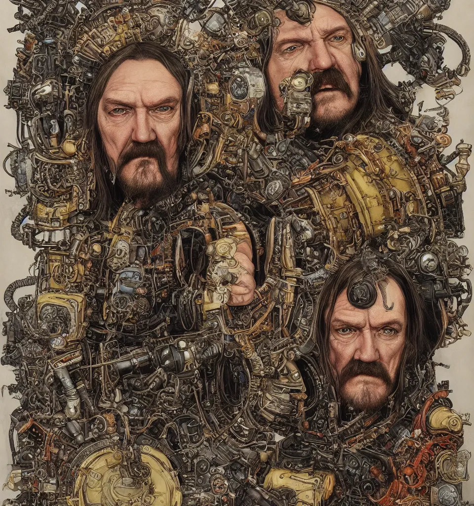 Prompt: A dramatic full-color art nouveau and ironpunk styled bust panorama portrait of lemmy kilmister as an dieselpunk engine tank king of the universe, hyperdetailed mixed media artwork combining the styles of Travis Charest, Michael Kaluta and Bill Sienkiewicz, vast power, perfectly symmetrical facial features, 8k, deeply detailed, cinematic lighting, Takata Yamamoto style, 8k, UHD, HDR