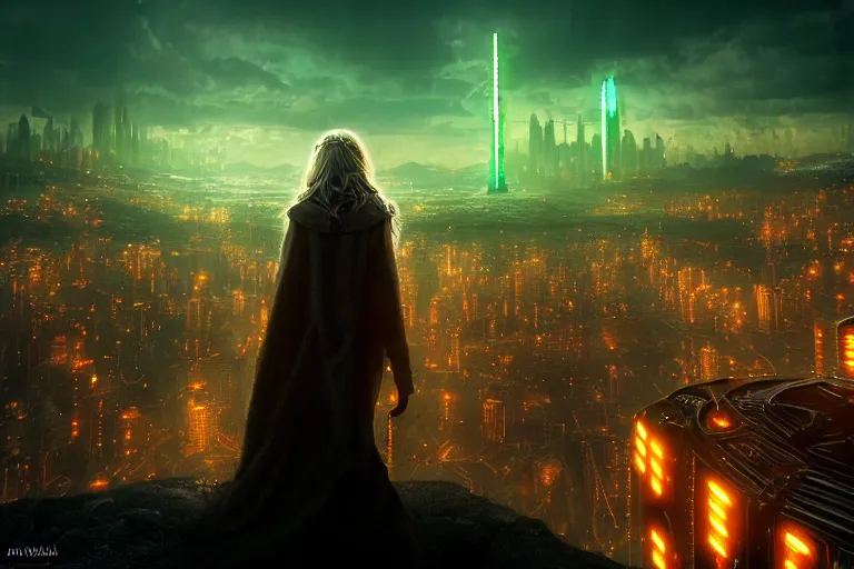 Image similar to an ultra realistic, cinematic, fantasy, headshot portrait, of an elden ring elf, fairy lights, facial features, overlooking a vast dystopian cityscape, with futuristic buildings and neon signs, detailed, deep focus, movie still, dramatic lighting, ray tracing, by michal karcz and yoshitaka amano