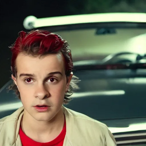 Prompt: Kavinsky in Stranger Things standing in front of a red sports car, night, cinetmatic