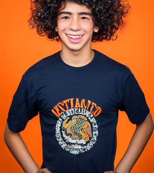 Image similar to a professional 8 5 mm highly detailed portrait of leo valdez, a mexican latino 1 5 year old boy with elfish features, skinny, lots of energy, curly hair, orange shirt, thin face, mischievious smile, symmetrical features, professional photography, midday lighting, fire theme, defiant, volumetric lighting