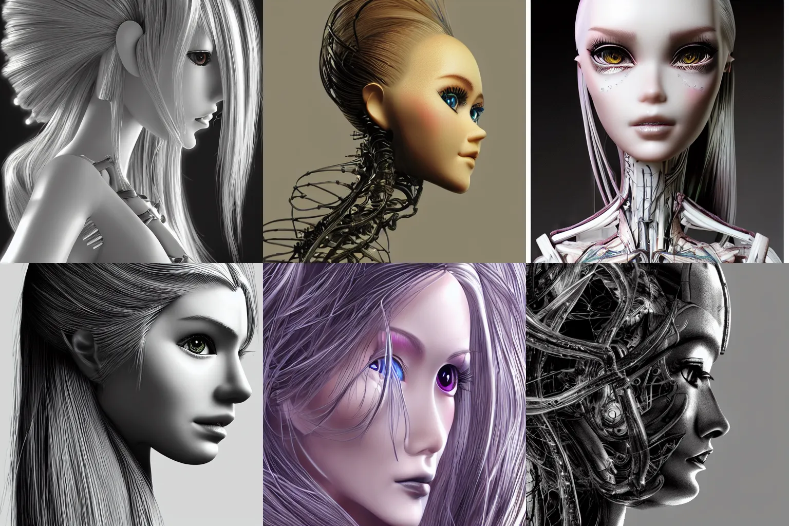 Prompt: Barbie Doll, Yoshitaka Amano, HR Giger, biomechanics, profile portrait, 4k, wide angle, overdetalized, hyperrealism, anime