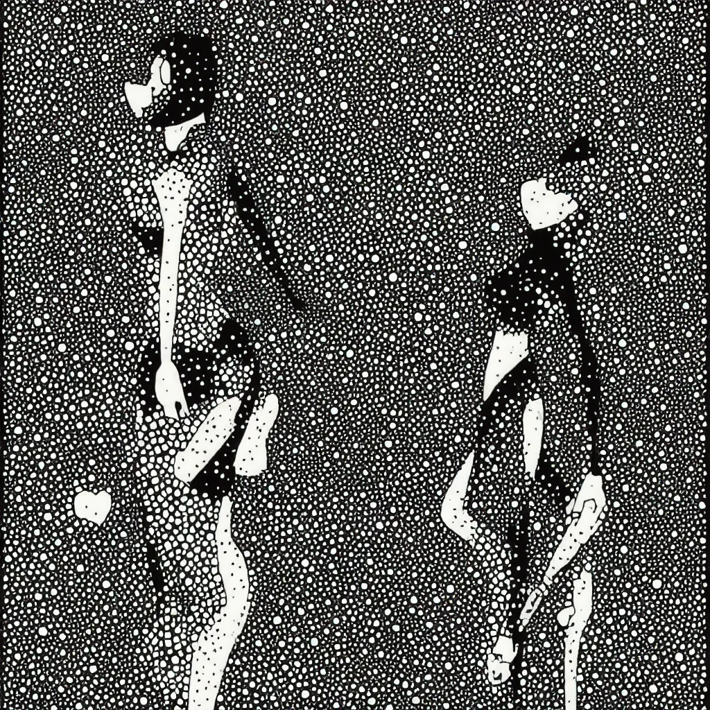 Image similar to woman, abstract, jet set radio artwork, ryuta ueda artwork, hylics artwork, ink, spots, asymmetry, stipple, lines, pointillism, crosshatching, linework, pitch bending, dark, ominous, eerie, hearts, minimal, points, technical, natsumi mukai artwrok, tight