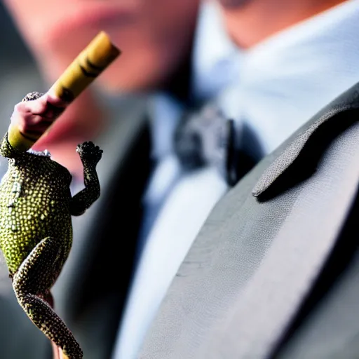 Image similar to a high detail closeup photograph of a 🐸 wearing a suit 👔,and smoking a cigarrette🚬, award wining photograph