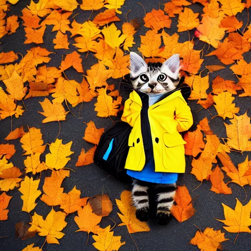 Image similar to anthropomorphic cute kitten wearing a yellow raincoat and yellow boots getting off the schoolbus on the first day of kindergarten, with colorful fall leaves and light rain, critical moment photograph