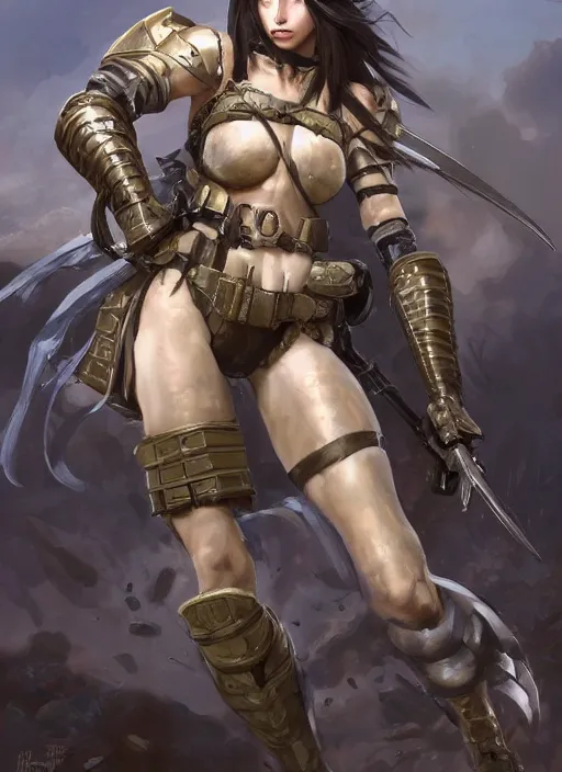 Image similar to a professionally painted portrait of an attractive young girl, partially clothed in battle armor, olive skin, long dark hair, beautiful bone structure, symmetrical facial features, intricate, elegant, digital painting, concept art, smooth, sharp focus, finely detailed, beautifully framed, from Metal Gear, in the style of Artgerm and Greg Rutkowski and William-Adolphe Bouguerea