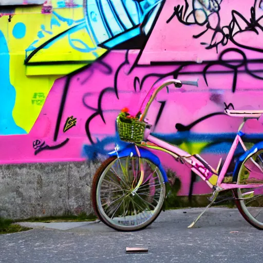 Prompt: a grafitti of a bicycle with a surfboard, pink and orange, street art by Jessie unterholder, katey truhn