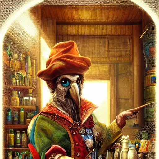 Image similar to Anthropomorphized parrot trader in his shop, portrait, items, magic potions, carpet, window, fancy hat, sly expression , cunning expression, cute expression, D&D, fantasy, cinematic lighting, highly detailed, digital painting, artstation, concept art, smooth, sharp focus, illustration, warm light, cozy warm tint, magic the gathering artwork, volumetric lighting, 8k, art by Akihiko Yoshida, Greg Rutkowski