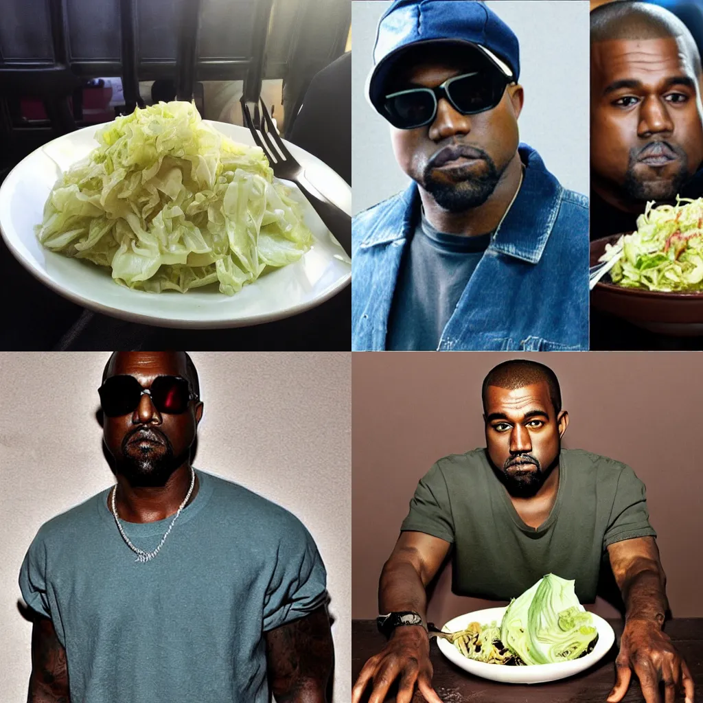 Prompt: [ [ [ [ kanye west!! ] ] ] [ [ eating cabbage with a fork ] ] ], [ kanye west ]