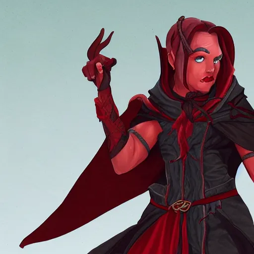 Image similar to a female tiefling with red skin, freckles, and a black cloak