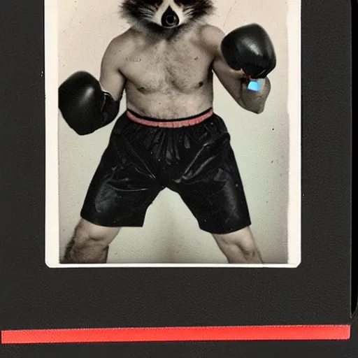 Image similar to old forgotten polaroid featuring: Rocky Raccoon, the oz-for-oz southpaw KING!!! raccoon boxing champion decked out in sparring gear. official vintage polaroid portrait from Raccoon Boxing Archives (1982).