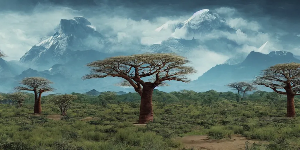 Image similar to a Malagasy dream landscape with baobab trees and snowy mountains in the background, film still, concept art, depth of field