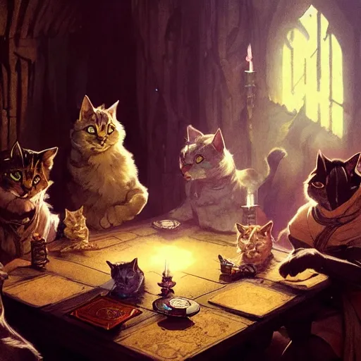 Prompt: a group of cats playing dungeons and dragons around a table in a dark cellar. soft ligthing from candles. dungeon map on the table. concept art, high details. by greg rutkowski and alphonse mucha. artstation hq