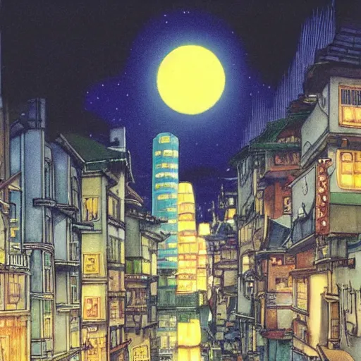 Image similar to a city at night, studio ghibli