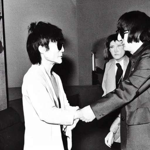 Image similar to Yoko Ono being introduced to John Lennon