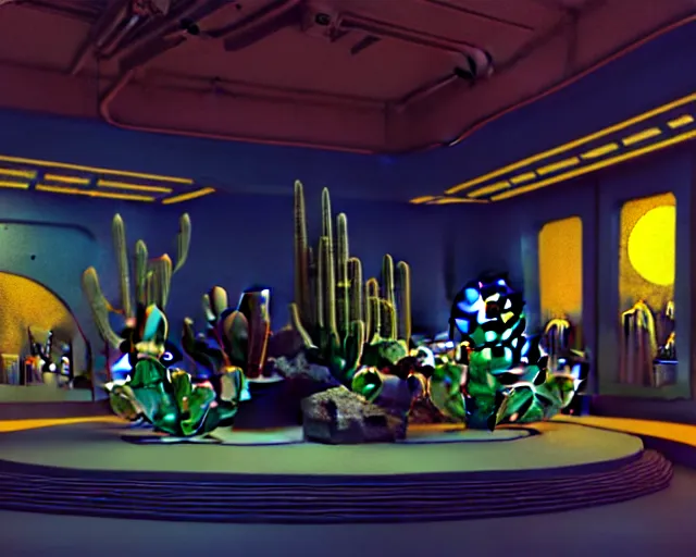 Image similar to low angle interior shot of a space port at night, pulp art, Art Deco, cactus and aquatic Al plants, cinematography by Jim Jarmusch, set design by Joseph Leyendecker and Robert McGinnis and Alfred Henry Maurer, 3d octane blender render, Hippie and boho fashion 1970s, kraut rock soundtrack