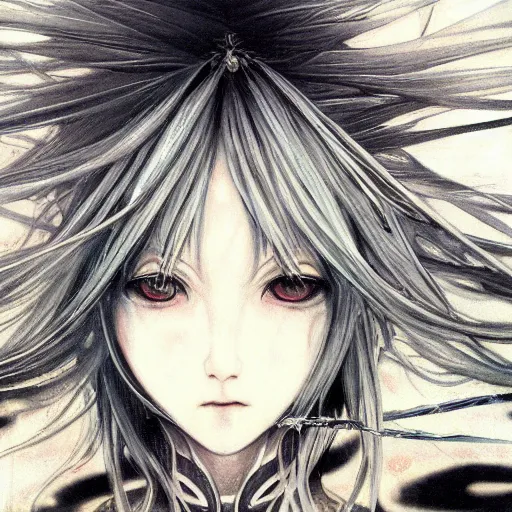 Image similar to Yoshitaka Amano realistic illustration of an anime girl with black eyes, wavy white hair fluttering in the wind and cracks on her face wearing Elden ring armour with engraving, abstract black and white patterns on the background, noisy film grain effect, highly detailed, Renaissance oil painting, weird portrait angle, blurred lost edges, three quarter view