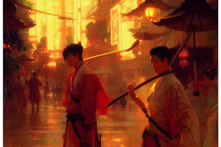 Image similar to wuxia, summer, attractive male, neon light, painting by gaston bussiere, craig mullins, j. c. leyendecker