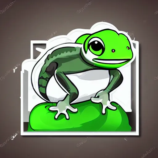 Image similar to cartoon sticker of cute light green gecko with white border and light gray background