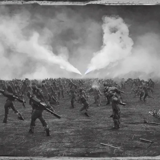 Prompt: large scale battle, human wave tactics, open field, shots fired, explosions, clouds of smoke, fireballs, aerial view, wide shot, tintype photograph